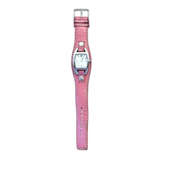 Fossil Silver Tone Dial Pink Leather Band Watch Bracelet Y2K *READ* - Picture 1 of 12